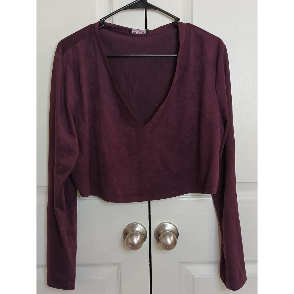 Fashion Nova‎ Crop Top Womens M Burgundy Good Faux Suede Long Sleeve V-Neck 0000
